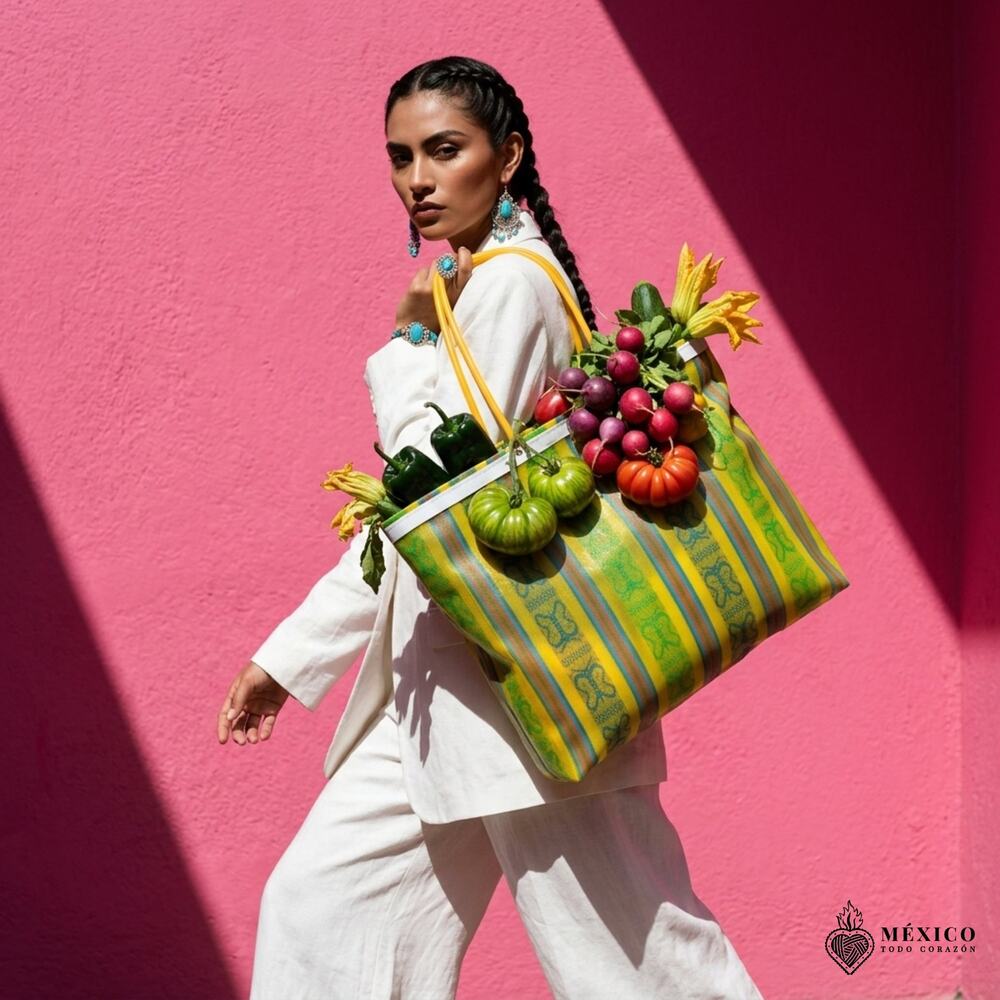 Traditional Mexican Mercado Tote Bag – Colorful Reusable Plastic Market Bag